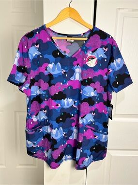 DISNEY Eeyore Women's V-Neck Stretch Pockets Scrub Top Size XL